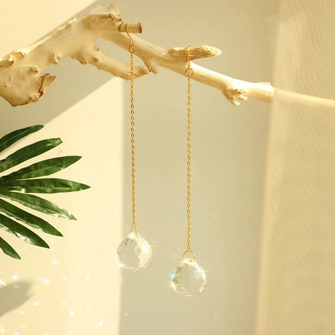 Modern Minimalist Crystal Suncatcher With Gold Alloy Chain And Faceted Crystal Ball Hanging Prism Decor For Window Garden Wall Home Office
