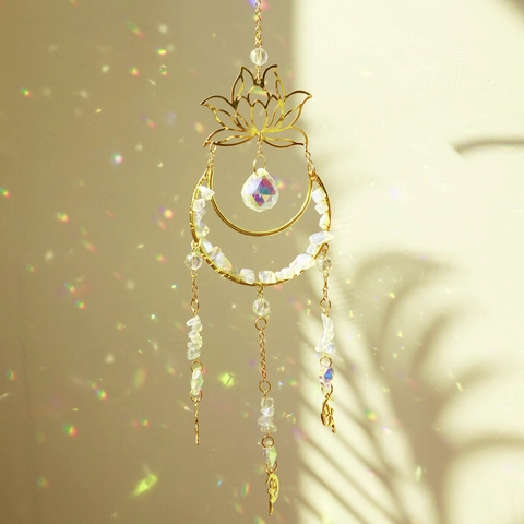 Lotus Moon Suncatcher Gold Alloy Rainbow Maker Hanging Crystal Ball Crushed Stones Ornament For Garden Window Home Decor