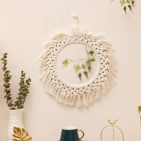 Handmade Macrame Wall Mirror Bohemian Cotton Rope Woven Fringe Hanging Round Mirror For Bedroom Living Room Nordic Home Decor
