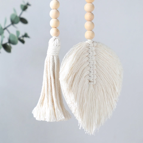 Abrazadera de Cortina de Hoja con Cuentas de Madera Tejida a Mano Bohemio Borla de Algodón Macramé Colgante de Pared
