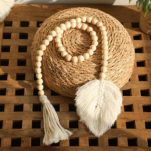 Abrazadera de Cortina de Hoja con Cuentas de Madera Tejida a Mano Bohemio Borla de Algodón Macramé Colgante de Pared