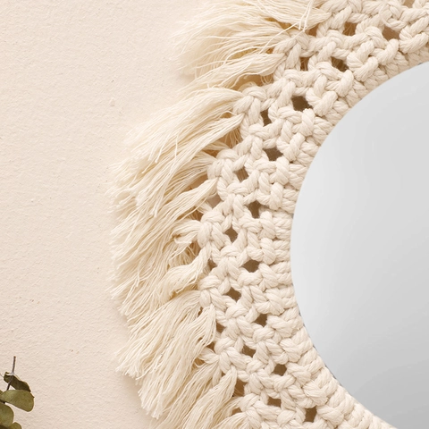 Handmade Macrame Wall Mirror Bohemian Cotton Rope Woven Fringe Hanging Round Mirror For Bedroom Living Room Nordic Home Decor