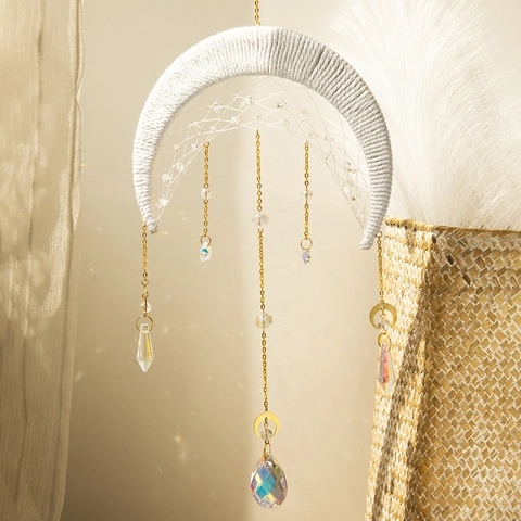 Bohemian Moon Crystal Suncatcher Hanging Ornament Glass Stone Metal Chain Pendant For Home Garden Decor Window Decoration