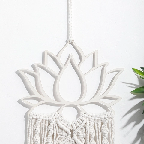 Decorazione da Parete in Macramè a Forma di Loto Fatta a Mano Corda di Cotone Boho Nappa Con Perline di Legno Per Soggiorno Casa
