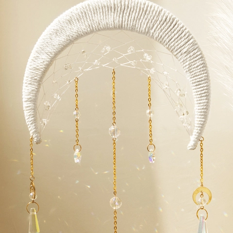 Bohemian Moon Crystal Suncatcher Hanging Ornament Glass Stone Metal Chain Pendant For Home Garden Decor Window Decoration