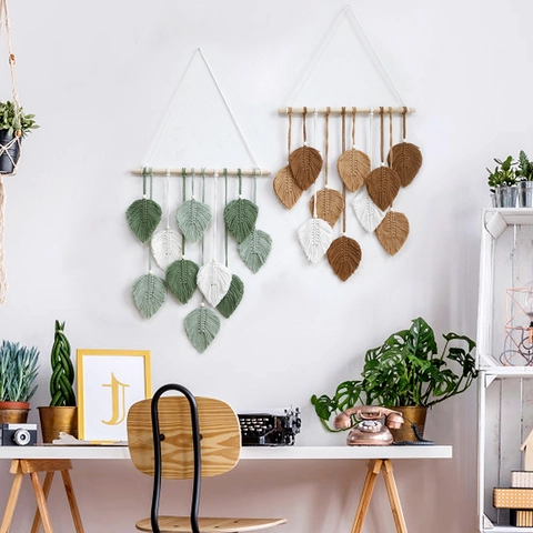 Boho Handgefertigter Baumwolle Makramee Blatt Wandbehang Mit Holzstab Gewebter Wandteppich Home Wohnzimmer Dekoration