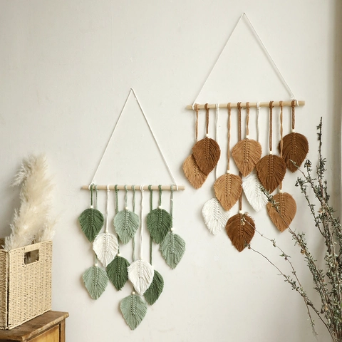 Boho Handgefertigter Baumwolle Makramee Blatt Wandbehang Mit Holzstab Gewebter Wandteppich Home Wohnzimmer Dekoration