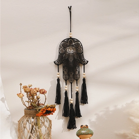 Decorazione da Parete Boho Mano di Fatima Malocchio in Legno Composito Taglio Laser Motivo Mandala Nappe e Perline in Legno