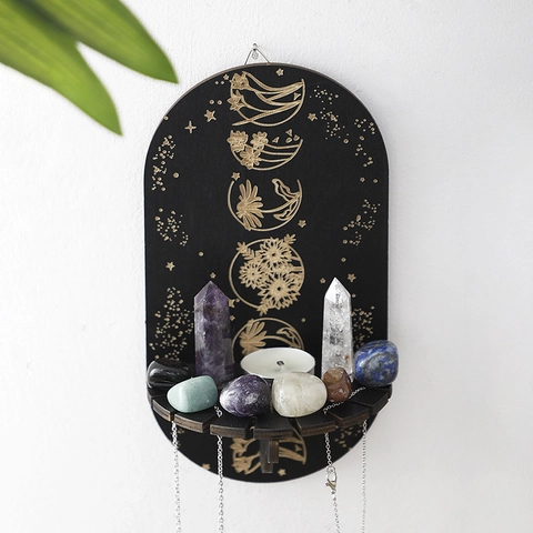 Hölzernes Wandmontiertes Kristall-Display-Regal Mondphasen-Blumenmuster Bohemian Mystic Wandbehang-Aufbewahrungsregal Für Schmuck
