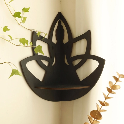 Scaffale Angolare a Muro in Legno Con Silhouette di Buddha di Loto Intagliato Zen Meditazione Mensole Fluttuanti per Cristalli Casa