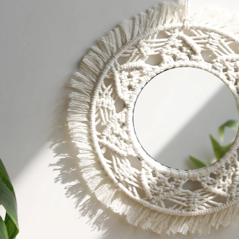 Specchio a Parete in Macramè Bohémien Corda di Cotone Specchio Intrecciato a Mano Con Nappine Forma Floreale Decorazione Casa