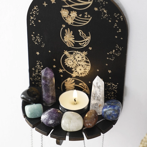 Hölzernes Wandmontiertes Kristall-Display-Regal Mondphasen-Blumenmuster Bohemian Mystic Wandbehang-Aufbewahrungsregal Für Schmuck