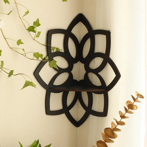 Wooden Lotus Mandala Corner Wall Shelf Laser Cut Hollow Flower Storage Rack Bohemian Geometric Floating Shelf Home Decor
