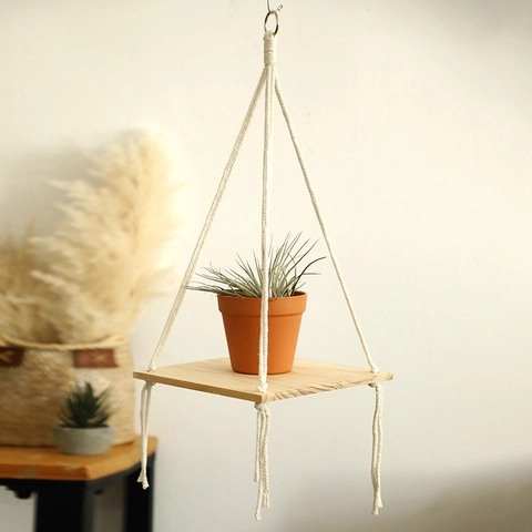 Scaffale Sospeso a Parete Intrecciato a Mano Bohemien Mensole Galleggianti in Legno Nordico con Nappine in Corda di Cotone