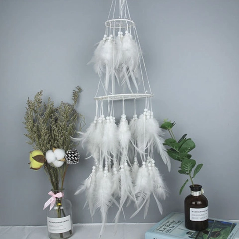 Handmade White Feather Dreamcatcher Double Ring Wind Chime Wall Hanging Decoration Bohemian Minimalist Bedroom Home Decor