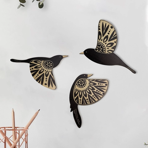 Wooden Flying Birds Wall Hanging Decor Bohemian Mandala Pattern Minimalist Home Decoration For Living Room Bedroom Office