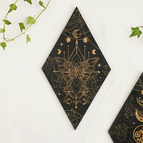 Bohemian Diamond Wooden Wall Hanging Moon Phase Butterfly Occult Black Gold Decorative Plaques For Home Living Room Bedroom Decor