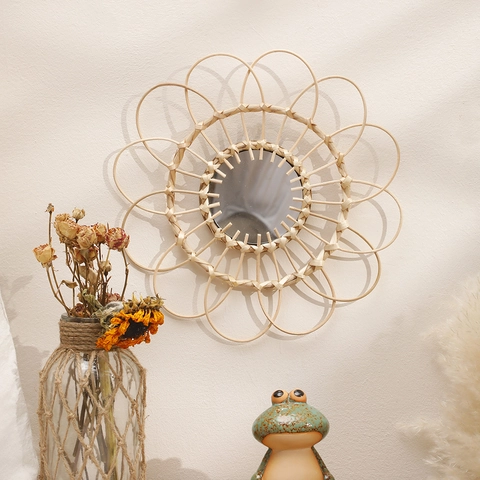 Boho Handgewebter Bambus Wandspiegel Sonnenblume Dekorativer Glasspiegel Für Zuhause Wohnzimmer Schlafzimmer Wanddeko