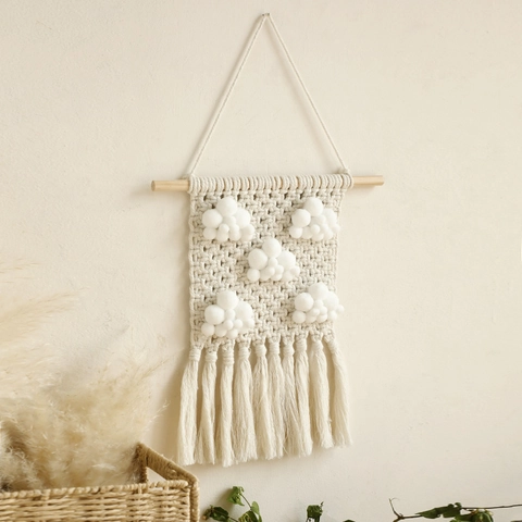 Bohemian Arazzo in Macramè a Forma di Nuvola Intrecciato a Mano Con Nappine e Pompon Per Decorazione della Casa Soggiorno Camera da Letto