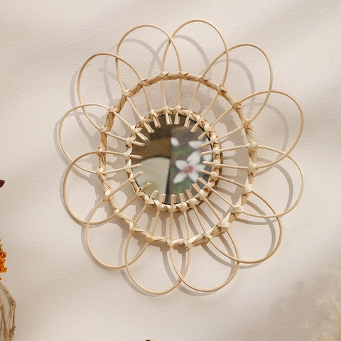 Boho Handgewebter Bambus Wandspiegel Sonnenblume Dekorativer Glasspiegel Für Zuhause Wohnzimmer Schlafzimmer Wanddeko