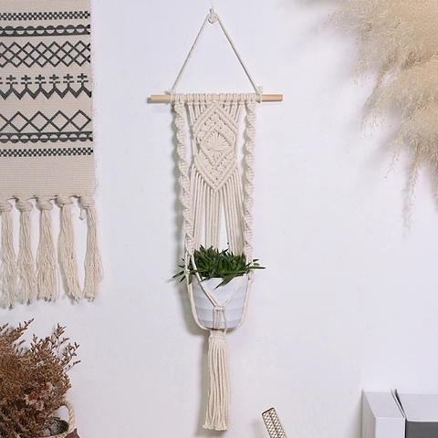 Bohemian Handmade Woven Cotton Rope Plant Hanger Wall Hanging Tapestry Storage Pocket Home Decor Living Room
