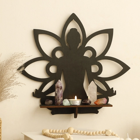 Zen Buddha Lotus Wooden Wall Shelf Black Hollow Out Crystal Storage Rack Bohemian Yoga Meditation Home Decor Wall Hanging