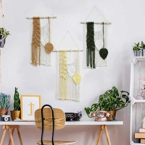 Macramè da Parete Boho Arazzo in Corda di Cotone Fatto a Mano con Nappa e Foglia Stile Nordico Decorazione Casa Soggiorno