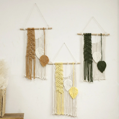 Macramè da Parete Boho Arazzo in Corda di Cotone Fatto a Mano con Nappa e Foglia Stile Nordico Decorazione Casa Soggiorno