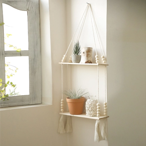 Handmade Boho Wood Floating Shelf Hanging Wall Storage Rack With Macrame Tassel Beads For Living Room Bedroom Home Decor