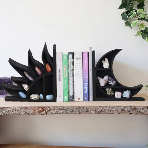 Böhmisches Holz Sonnen Und Mond Kristall Lagerregal Schwarz Holz Himmlischer Display Ständer Mystische Wanddeko Buchstützen Für Zuhause