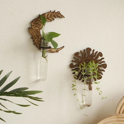 Bohemian Moon Sun Wall Mounted Hydroponic Vase Wood Propagation Station Glass Tube Vintage Floral Plant Holder Home Decor
