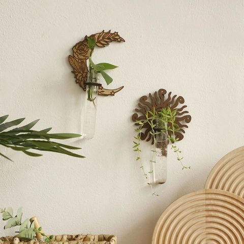 Bohemian Moon Sun Wall Mounted Hydroponic Vase Wood Propagation Station Glass Tube Vintage Floral Plant Holder Home Decor