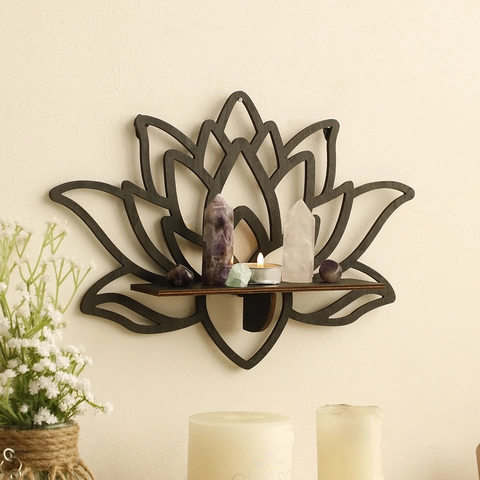 Bohemian Wooden Lotus Wall Shelf Hollow Zen Candle Holder Crystal Display Rack For Bedroom Yoga Meditation Home Decor