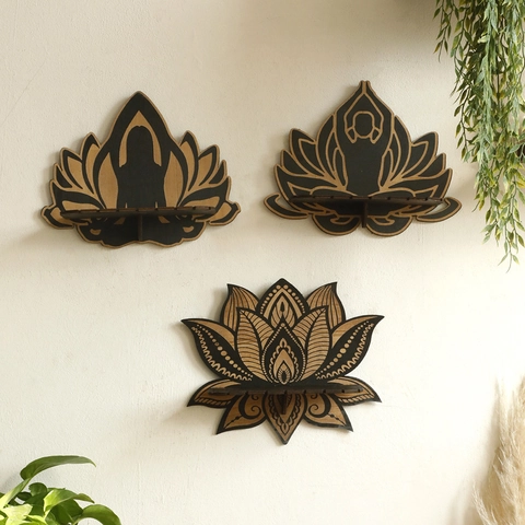 Hölzernes Yoga Lotus Wandregal Mandala Geschnitzt Kristall Display Halter Minimalistisch Boho Schlafzimmer Wanddekoration Lagerregal