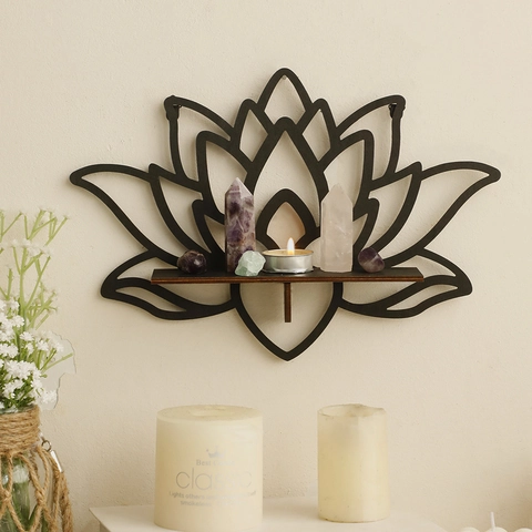 Bohemian Wooden Lotus Wall Shelf Hollow Zen Candle Holder Crystal Display Rack For Bedroom Yoga Meditation Home Decor