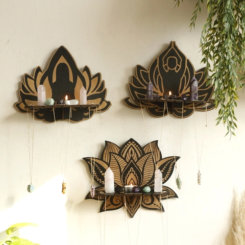 Hölzernes Yoga Lotus Wandregal Mandala Geschnitzt Kristall Display Halter Minimalistisch Boho Schlafzimmer Wanddekoration Lagerregal
