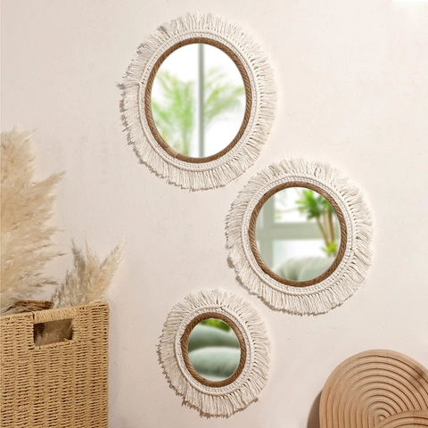 Bohemian Macrame Wall Hanging Mirror Handmade Cotton Rope Fringe Round Decorative Mirror For Living Room Bedroom Nordic Home Decor