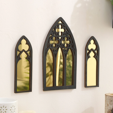 Gothic Arched Wall Mirror Wood Acrylic Large And Small Cathedral Style Hollow Out Black Gold Decorative Wall Hanging Mirror