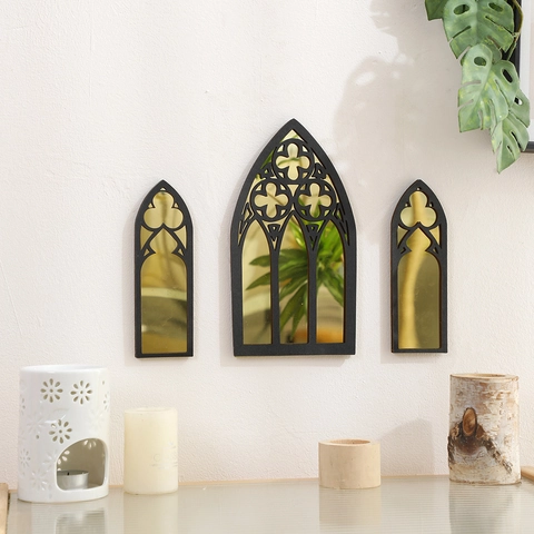 Gothic Arched Wall Mirror Wood Acrylic Large And Small Cathedral Style Hollow Out Black Gold Decorative Wall Hanging Mirror
