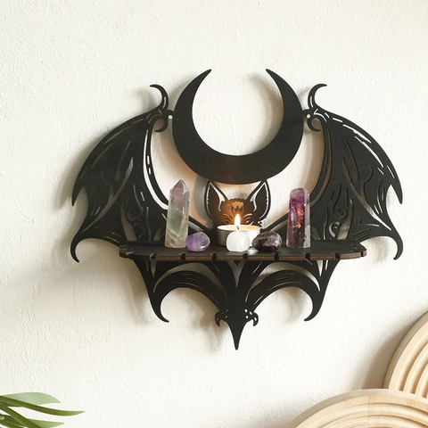 Gothik Holz Fledermaus Mond Wandregal Ausgeschnitten Schwarz Hängend Kristall Display Lagerregal Für Halloween Zuhause Schlafzimmer Dekoration