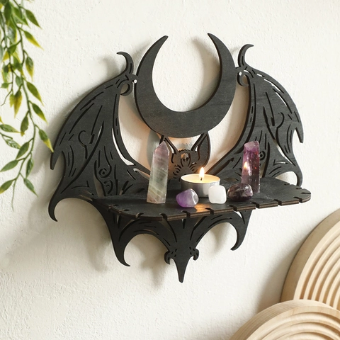 Gothik Holz Fledermaus Mond Wandregal Ausgeschnitten Schwarz Hängend Kristall Display Lagerregal Für Halloween Zuhause Schlafzimmer Dekoration