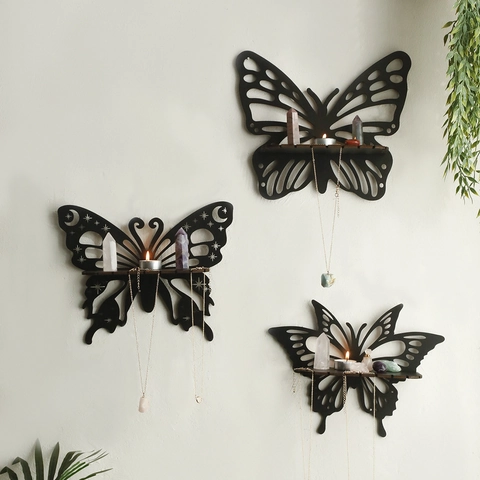 Zwart Houten Vlinder Wandplank Voor Kristal Display Hol Ster Maan Ontwerp Hangend Opslagrek Voor Sieraden Kaars Home Decor
