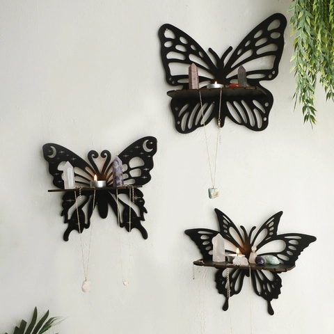 Zwart Houten Vlinder Wandplank Voor Kristal Display Hol Ster Maan Ontwerp Hangend Opslagrek Voor Sieraden Kaars Home Decor