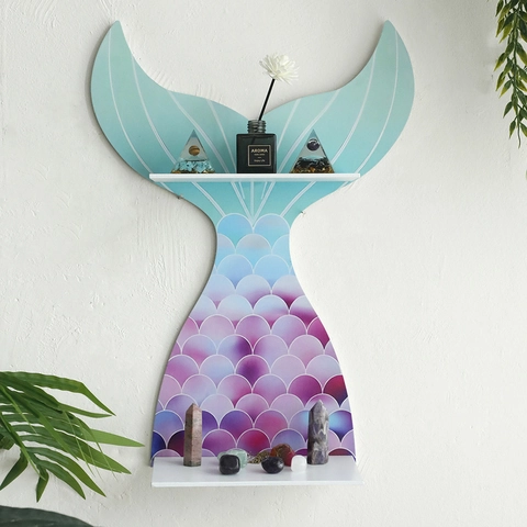 Bohemian Wood Mermaid Tail Wall Shelf Gradient Fish Scale Crystal Display Rack Hollow Out Floating Shelf For Home Bedroom
