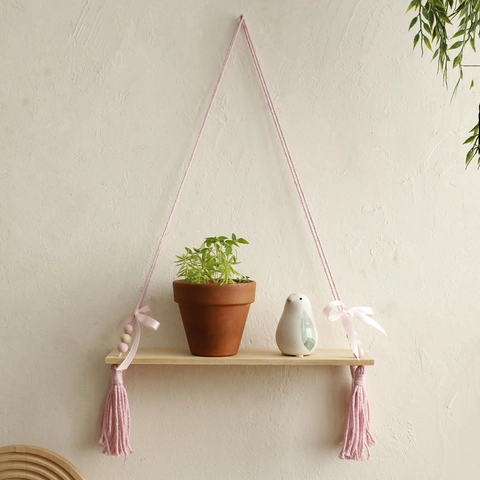 Pink Tassel Hanging Wood Shelf With Cotton Rope Bow Beads Decorative Wall Storage Floating Rack For Nursery Home Decor