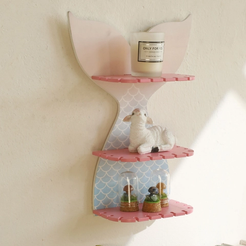 Mermaid Tail Wooden Floating Wall Shelf Triple Layer Display Rack Pink Blue Fish Scale Pattern For Kids Room Decor