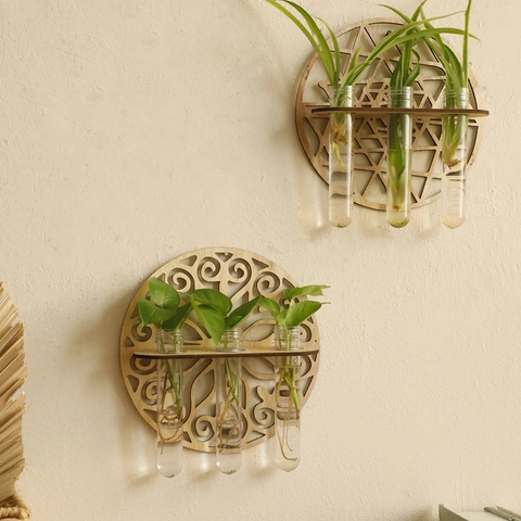 Runder Wandhängetopf Aus Holz Für Hydrokultur Laserschnitt Geometrisch Floral Holzstütze Mit Glas Reagenzglas Wanddeko