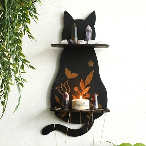 Gothic Cat Shape Wooden Double Layer Crystal Display Shelf Wall Mounted Black Gold Floral Hanging Rack For Home Decor