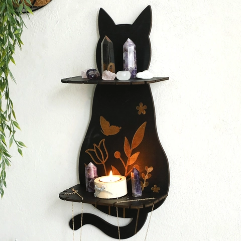 Gothic Cat Shape Wooden Double Layer Crystal Display Shelf Wall Mounted Black Gold Floral Hanging Rack For Home Decor