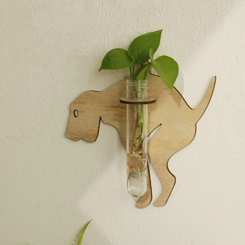 Jarrón Hidropónico de Pared Creativo de Madera con Forma de Perro Soporte de Plantas Minimalista Decoración con Tubo de Vidrio